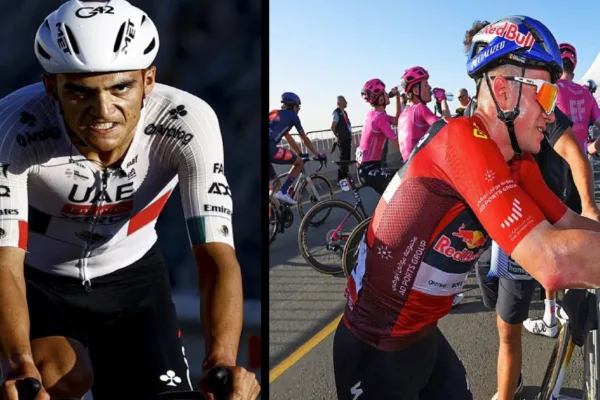 Isaac del Toro (UAE) y Remco Evenepoel (Red Bull) en la tercera etapa del UAE Tour 2026
