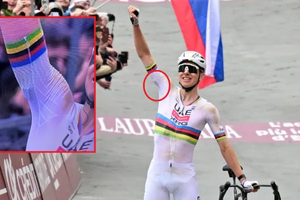 El sensor que Tadej Pogacar (UAE) portó en Strade Bianche 2026